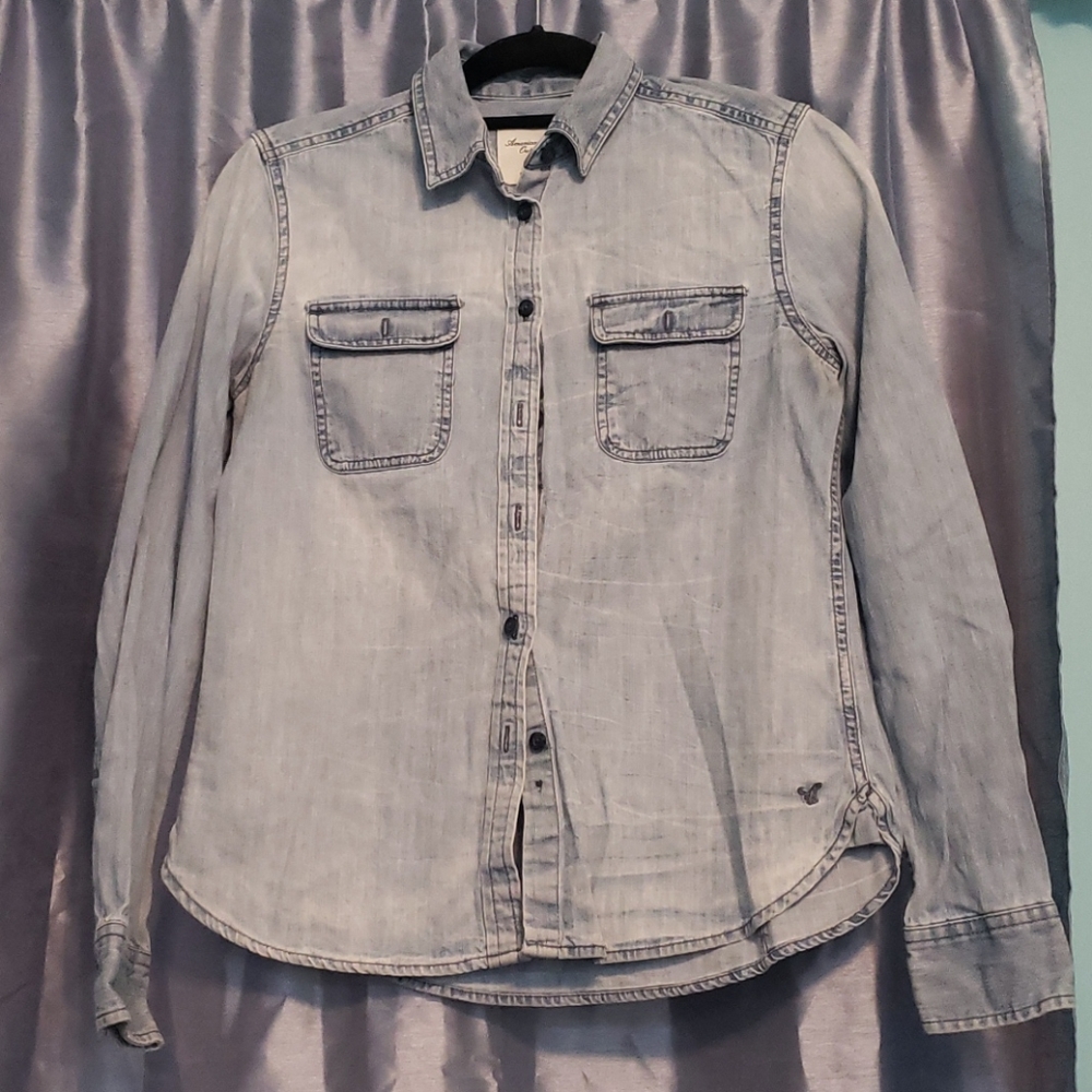 Denim shirt, light blue size small Tote 2